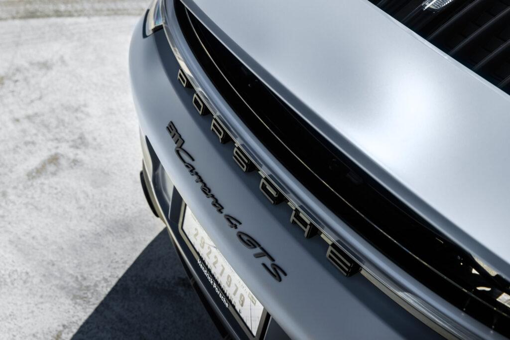 rearview close up of a gray porsche